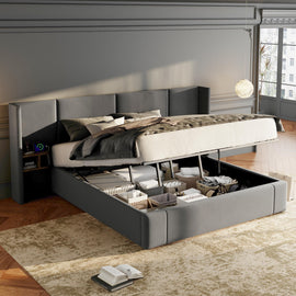 Upholstered Bed, Super King Size Bed-6ft180x200cm,Velvet Ottoman Lift Up Super King Size Bed Frame, Hydraulic Wide-ear Bed With USB Connection, With Sockets, With Two Bedside Tables,No Mattre,grey