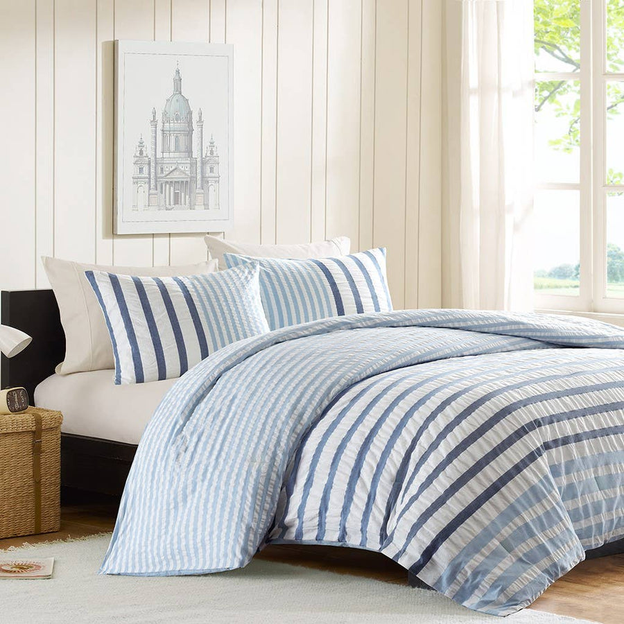 Seersucker Stripes 3-Piece Comforter/Duvet Cover Set (King, Blue)